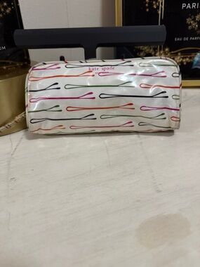 Kate Spade White Multicolor Hair Pin Print Cosmetic Pouch